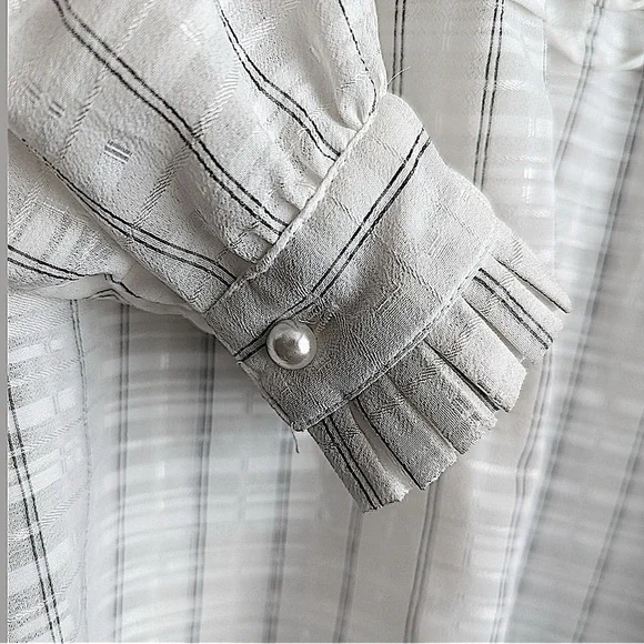 Vintage Simon Chang Box Pleat Peter Pan Collar Faux Pearl Button Down Blouse - Picture 7 of 7